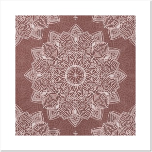 Beautiful hand drawn soft white mandala on terracotta clay Posters and Art